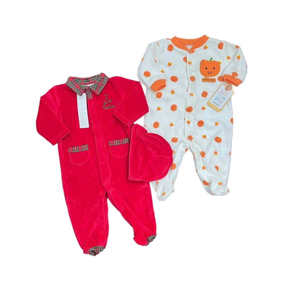 Carters Holiday Bodysuit Sz 3M Fleece 3 Piece Fall Pumpkin and Christmas Print